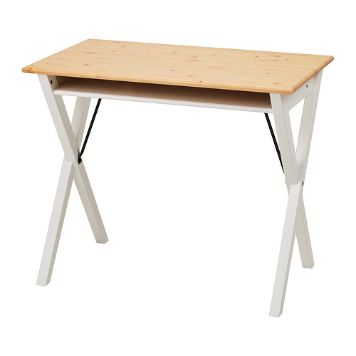 Escritorio BOLLPOJKE : tapa de madera clara, patas de metal blanco, rectangular, diseño sencillo.