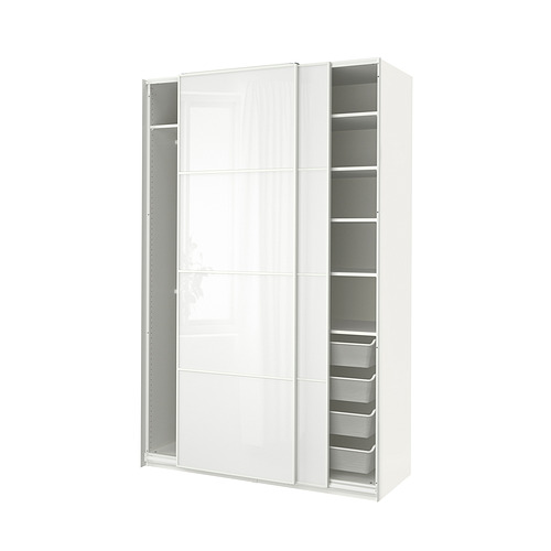 White PAX wardrobe, glossy finish, sliding doors, mesh shelves.