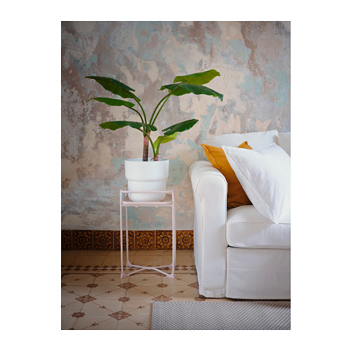 Una habitación acogedora con una silla acolchada blanca, una pequeña planta en maceta sobre un soporte rosa contra una pared texturizada.