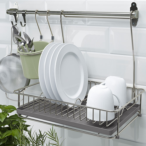 Organizador de cocina de pared, serie HULTARP, almacena platos y utensilios, ahorra espacio en el mostrador.