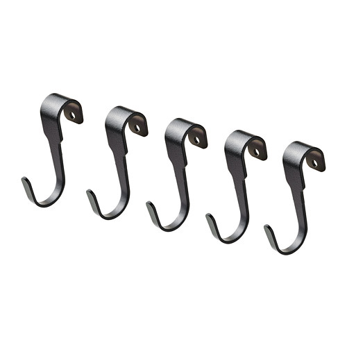 Cuatro ganchos de metal negro alineados. Se utiliza para colgar artículos.
