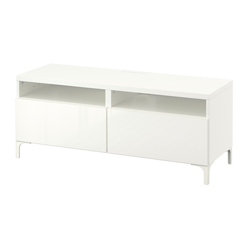 Banco de tv BESTÅ blanco, moderno, rectangular, de dos puertas, luminoso, diseño minimalista.