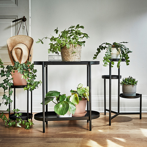 Sala moderna con soportes de plantas negras que sostienen varias plantas verdes. Diseño elegante de varios niveles para la decoración de interiores.