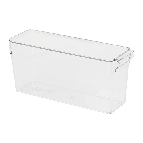 Caja de almacenamiento de plástico transparente con tapa, forma rectangular, asa incorporada y cuerpo transparente para organizar el contenido de la nevera.