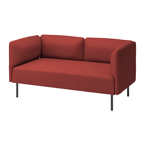 A modern red LILLEHEM two-seat sofa with a sleek design and metal legs.
