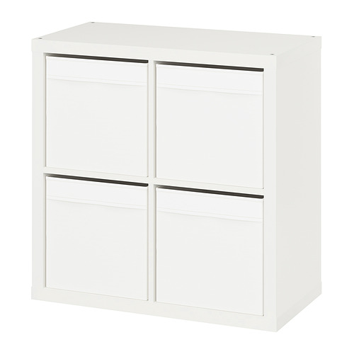 A white KALLAX cube storage unit. Its simple, square-shaped, with four compartments.