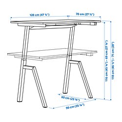 Ilustración de medidas - TROTTEN mesa sentado/de pie