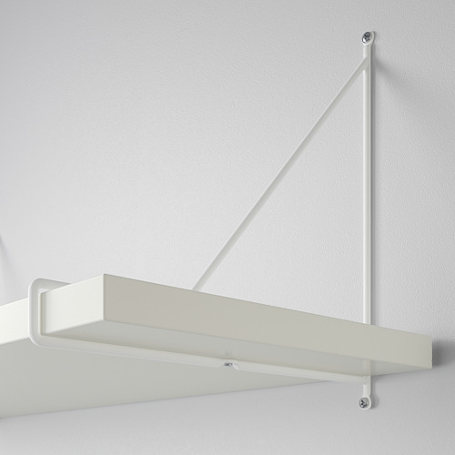 Estante blanco de pared con soporte en ángulo para una exposición estable.