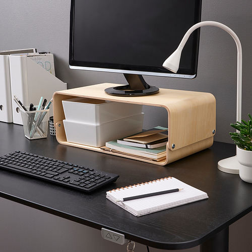 Wooden monitor stand in natural color - elevates screen & holds items, ergonomic & lacquered.