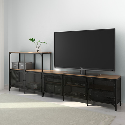 Mueble de TV moderno con diseño de metal y madera; Estantes abiertos, pies ajustables, admite hasta 58 televisores, incluye planta y almacenamiento.