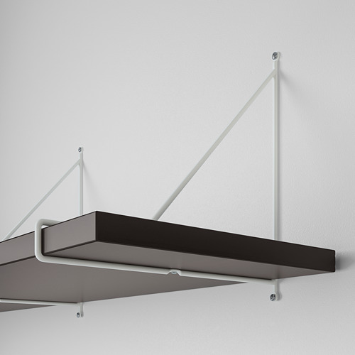 Modern wall shelf with sleek design. Brown-black with beveled and smooth edges. Supported by sturdy white metal brackets.