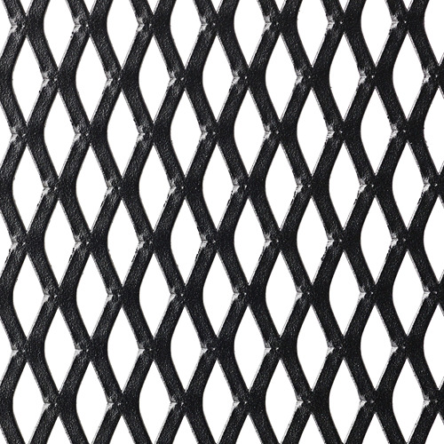 Rejilla de malla metálica negra con patrones de diamantes; superficie texturizada, indica una construcción duradera y de alta calidad.
