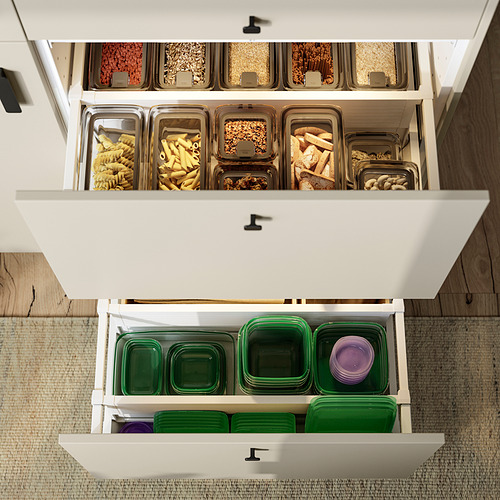 Mueble de cocina con recipientes de PRUTA, pastas, frutos secos, semillas; apilable.