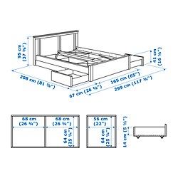 Measurement Illustration - SONGESAND bed frame with 4 storage boxes