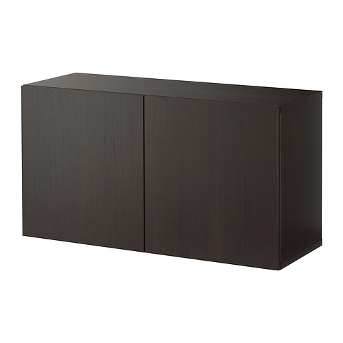 Un mueble de almacenaje BESTÅ negro con dos puertas, hecho de tableros de partículas y tableros de fibra, con un diseño elegante y moderno.