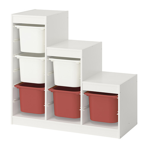 TROFAST storage unit with red and white plastic bins arranged in a white wooden frame. Compact and versatile design for childrens room organization.