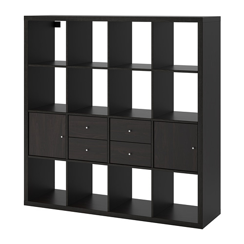 Estantería KALLAX cubo negro con cajones de almacenaje. Diseño moderno y modular con líneas limpias y múltiples compartimentos.