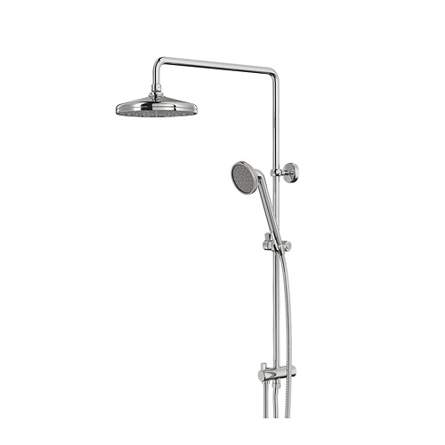 VOXNAN shower set: chrome, wall-mounted, curved arm, round rain head, handheld sprayer, adjustable height, energy-efficient.