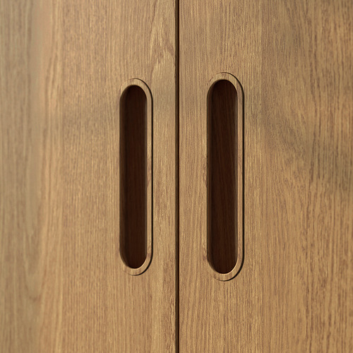 Wooden cabinet with two oval recessed handles, natural finish.