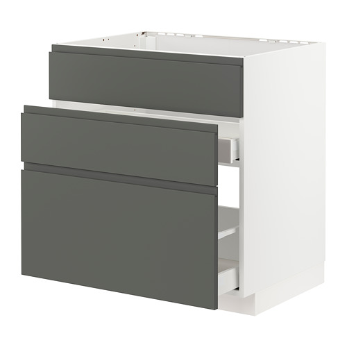 Mueble de cocina moderno, blanco con cajones grises. Gris oscuro mates. Asas integradas. Tres cajones, acabado liso.