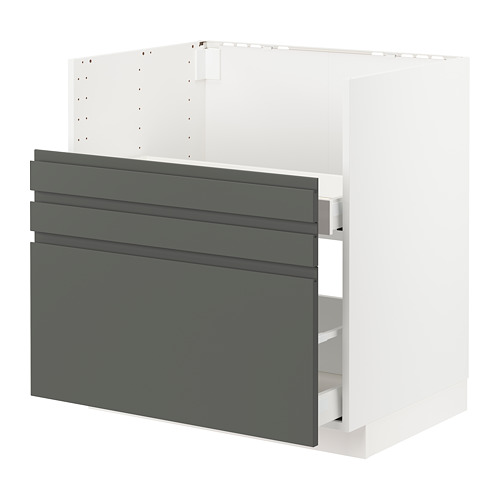 A modern, dark grey, flat-panel kitchen cabinet with smooth drawers, set against a white background.