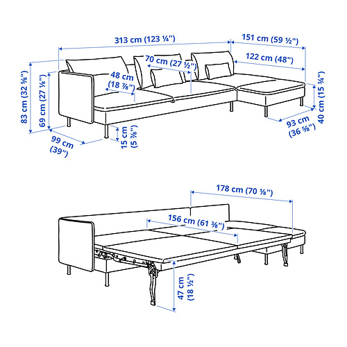 SÖDERHAMN, 4 seat sofa bed with chaise longue. 7 of 7 open dialog