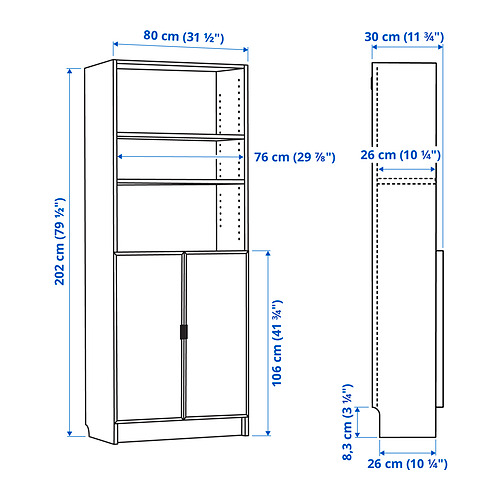 Measurement Illustration - BILLY/HÖGBO bookcase with glass doors