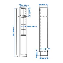 Ilustración de medidas - BILLY/OXBERG librero con módulo de extensión y puerta de panel/vidrio