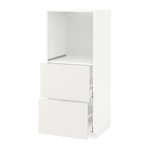 White ikea METOD kitchen unit, tall and rectangular with open top and two pull-out drawers.