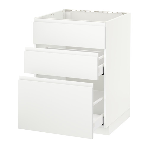 White METOD kitchen unit with three drawers. Modern design, smooth surfaces.