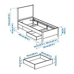 Ilustración de medidas - TONSTAD cama Twin