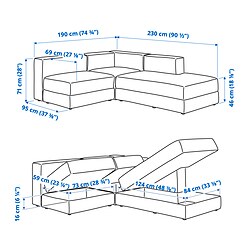 Measurement Illustration - JÄTTEBO modular corner sofa 2.5-seat with chaiselongue right