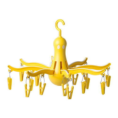 Secadora PRESSA de color amarillo brillante con 16 clavijas, diseño similar a un pulpo, se cuelga en cualquier lugar.