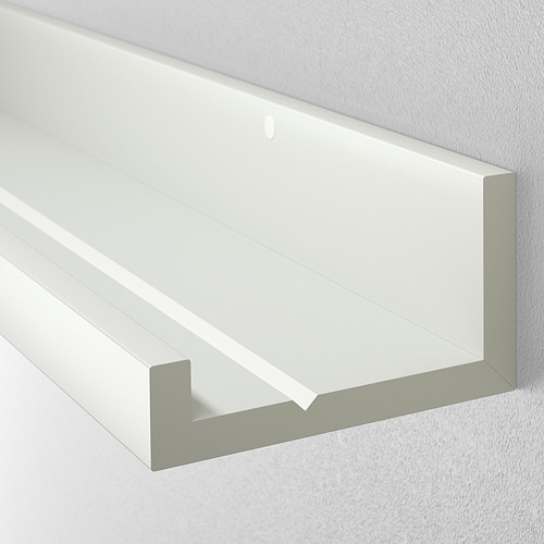 Estantería de pared blanca, limpia y moderna. Diseñado con una ranura para sujetar marcos de fotos. Ideal para exhibir fotos y obras de arte.