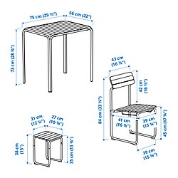 Measurement Illustration - FURUÖN table with 2 chairs and 2 footstools, outdoor