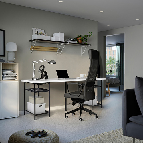 Modern home office with LAGKAPTEN desk, shelves, and cabinet for workspace and storage.