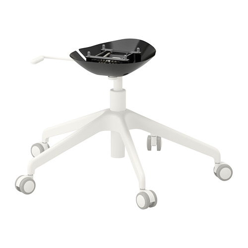 Una base de silla de oficina LÅNGFJÄLL blanca con un asiento negro. Dispone de cinco patas extensibles y ruedas para su movilidad.