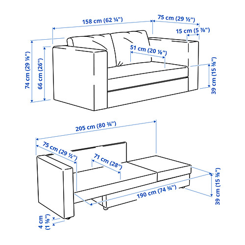 Measurement Illustration - SKÖNABÄCK 2-seat sleeper sofa