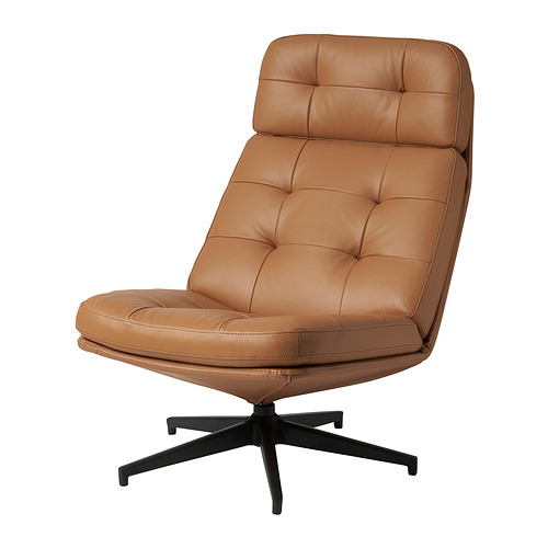 Sillón giratorio HAVBERG de piel marrón con respaldo y asiento capitoné, base de estrella negra.