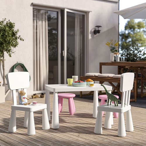 Juego de mesa de exterior para niños: MAMMUT blanco, compacto, de plástico, con sillas pequeñas, dinosaurio y oso de juguete, cuenco, tazas.