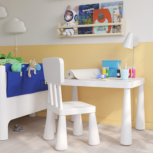 Área de juegos para niños con escritorio y silla MAMMUT. Pared amarilla, juguetes, materiales de arte.