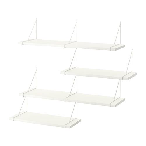 Juego de estanterías de pared BERGSHULT blanco. Tres estantes rectangulares con soportes metálicos minimalistas, diseño limpio, opción de borde biselado.