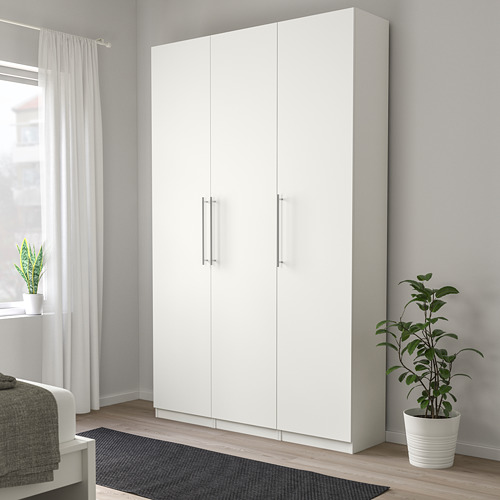 Armario blanco de 3 cuerpos, alto, diseño minimalista, tiradores de acero inoxidable.