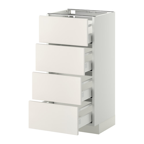 Un mueble de cocina METOD blanco de ikea con cuatro cajones totalmente extensibles. El diseño elegante ofrece un ambiente moderno y ligero, ideal para el almacenamiento en la cocina.