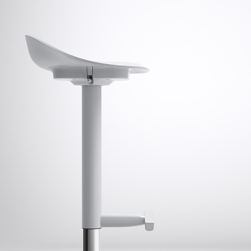 La imagen muestra una silla JANINGE moderna y ajustable, que destaca el diseño elegante, los materiales duraderos y el ajuste de altura fácil de usar.