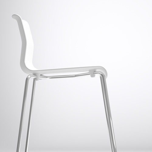 Taburete de bar blanco de líneas limpias, con estructura de metal cromado y elegante asiento de policarbonato. Ideal para ambientes modernos.