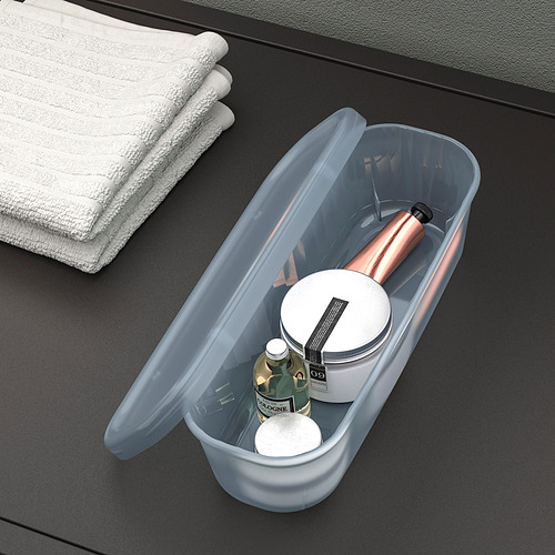 Caja de almacenamiento con tapa para artículos de tocador o material de oficina.