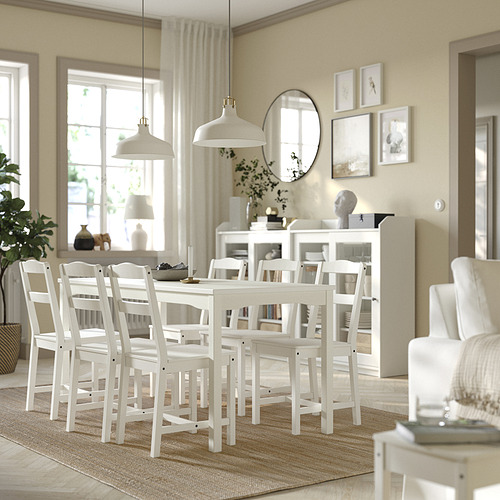 Juego de comedor blanco de 6 plazas, que incluye mesa y sillas, con color madera natural y diseño ministreak, ideal para la decoración tradicional del hogar.