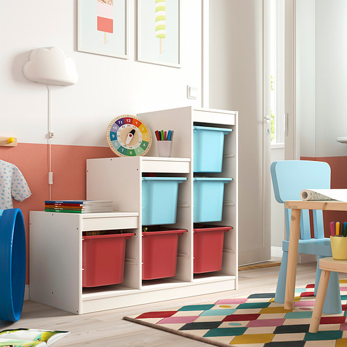 TROFAST storage, white, wood & plastic, rectangular, colorful bins; fits kids space, size: small.