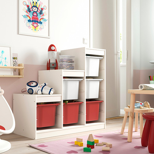 TROFAST storage with red/white bins in kids play area.